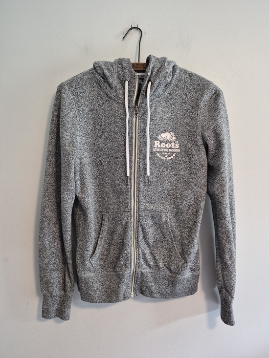 Roots Tops - Roots XS Grey Marled Zip Up Hoodie Sweater with White Chest Logo